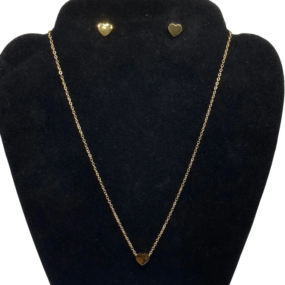 Gold Heart Necklace and Earring Set Stainless Steel Minimalist Jewelry